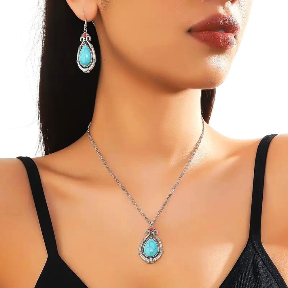 Turquoise Necklace & Earring 3pc Set Silver Glam Trendy Y2K Hipi Boho Minimalist